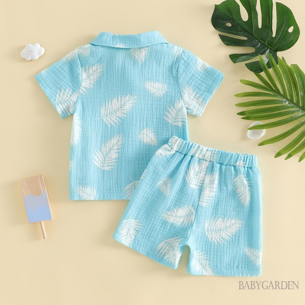 6M-4Y Tập Đi Bé Trai Trang Phục Mùa Hè Khủng Long / Lá / Cây Dừa In Nút Xuống Cổ Áo Sơ Mi Tay Ngắn Và Quần Short