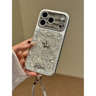Bảo Vệ Toàn Diện Ống Kính Mạ Bạc Lấp Lánh Sequin 3D Làm Giàu Dây Đeo Cổ Tay Ngựa Ốp Lưng Điện Thoại Cho iPhone 17Promax 14Promax 15 16 Pro Max Chống Sốc Nữ Vỏ Di Động