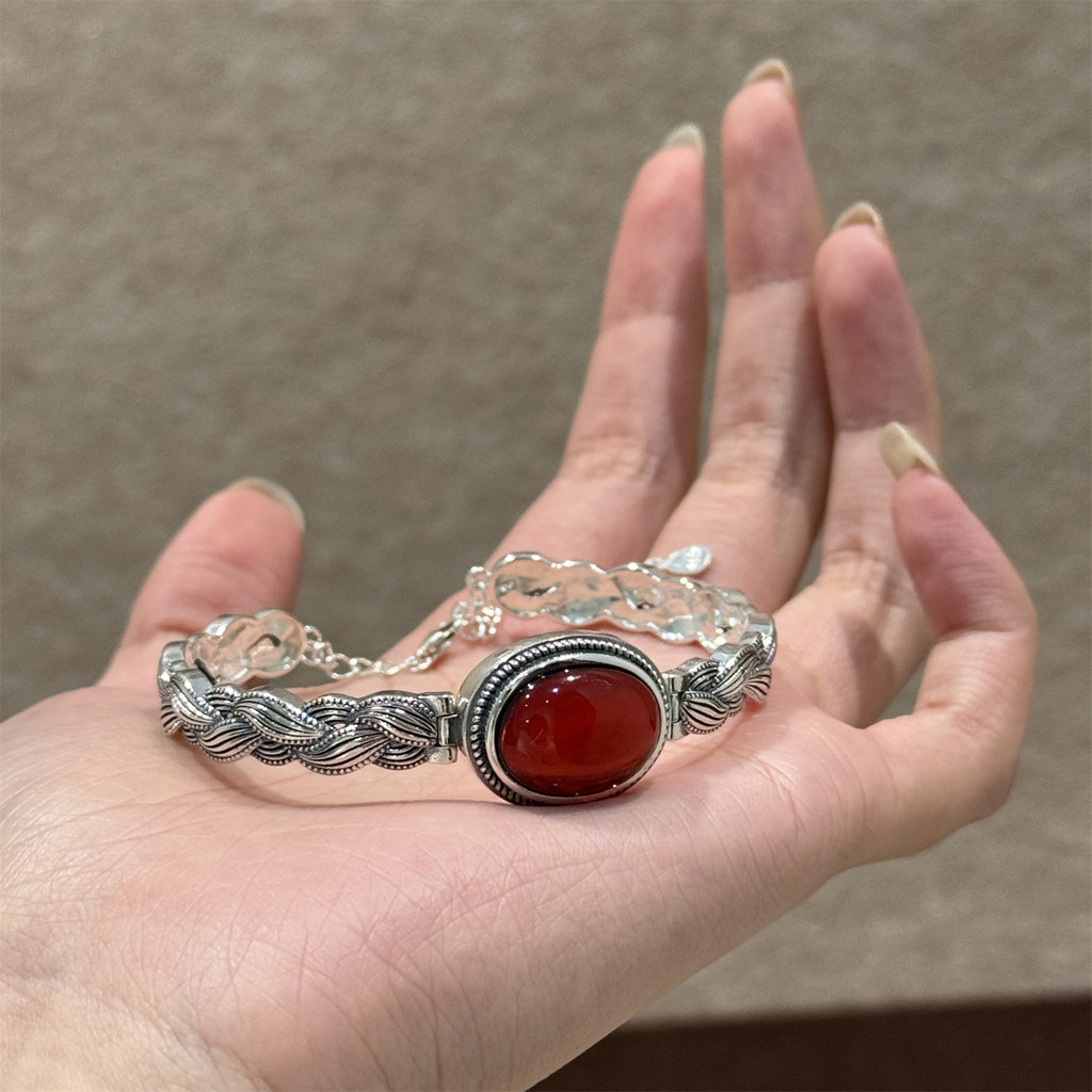 Vintage Đau Khổ S925 Máu Ngọc Trai Dệt Chiên Bột Xoắn Trứng Mì Phong Cách Dân Tộc Nữ Tính Khí Vòng Tay