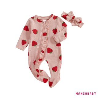 MG-Baby Girls Xù Romper Bộ áo liền quần dài tay in hình dâu tây và bộ băng đô dễ thương cho trẻ sơ sinh mới biết đi