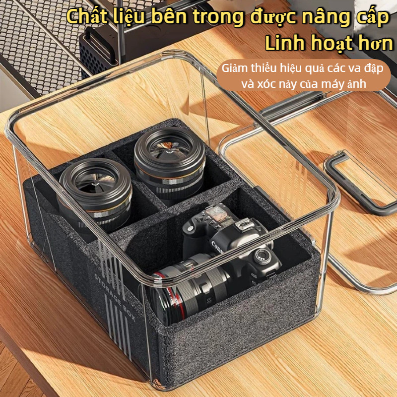 Hộp Chống Ẩm Trong Suốt - Full Phụ Kiện (Ẩm Kế *1+Hút Ẩm *5), Lót Chống Sốc, Bảo Vệ Máy Ảnh Tối Ưu