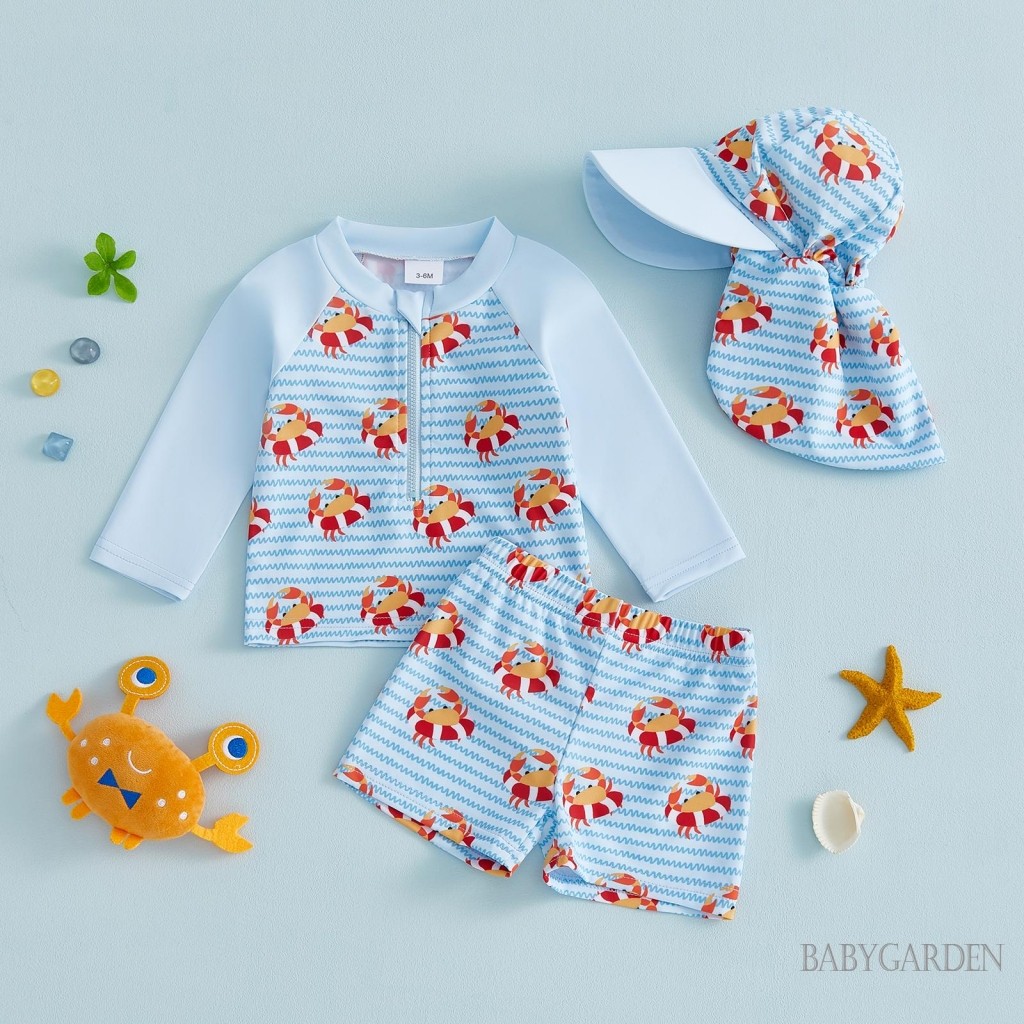 Bộ bảo vệ phát ban cho trẻ em 0-5 tuổi Bộ đồ bơi khô nhanh Bộ đồ bơi in hình con cua Áo dài tay Quần bơi Mũ chống nắng Bộ đồ tắm