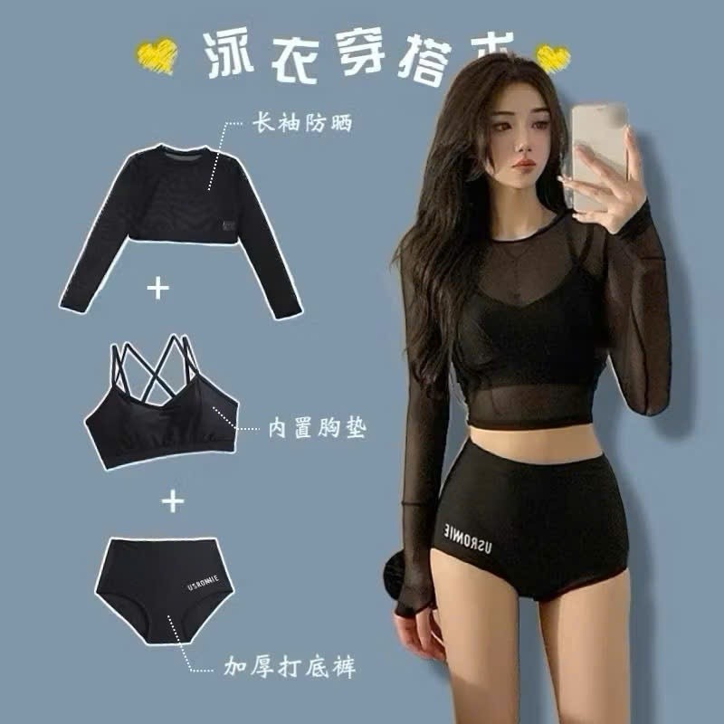 Set bộ đồ bơi 3 chi tiết đi biển đi bơi, bikini 2 dây phối áo lưới dài tay chống nắng gợi cảm XIMIMI BKN04