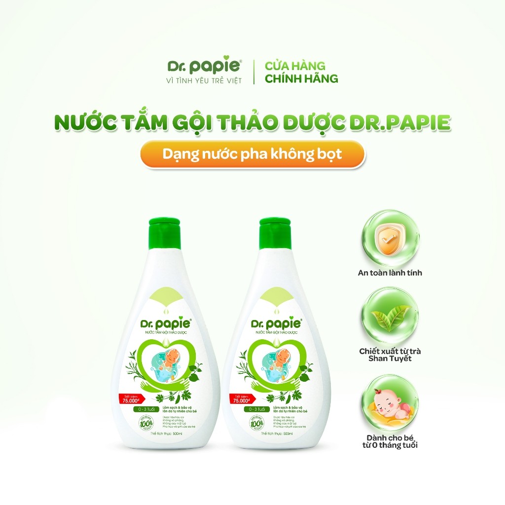 [500ml] Combo 2 Nước Tắm Gội 2 IN 1 Chiết Xuất Trà Shan Tuyết Giảm Mẩn Đỏ Rôm Sảy Dr.Papie dành cho bé sơ sinh