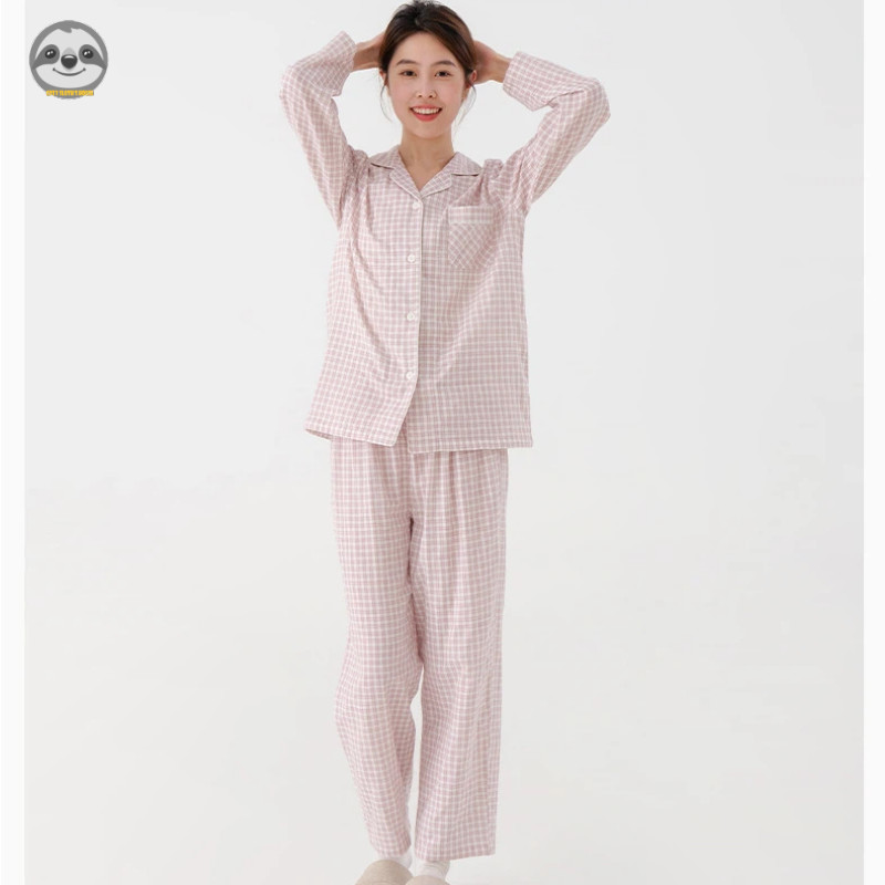 Phong cách Nhật Bản Muji Style / Cặp đôi nhỏ kẻ sọc Cotton nguyên chất dài tay / Bộ đồ ngủ bằng sợi hai lớp có ve áo / Bộ đồ ngủ đi chơi mềm mại thoải mái / Trang phục cặp đôi