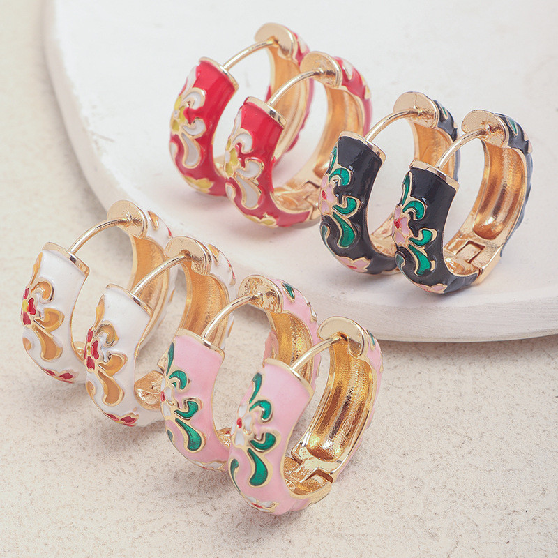 Bông Tai Vòng Tròn Hoa Nhiều Màu Sắc Với Chi Tiết Nhỏ Giọt - Style Trung Quốc