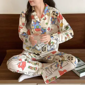 Crayon Shin-Chan Bộ Đồ Ngủ Hoạt Hình Nữ Xuân Thu Đông Quần Dài Tay Dễ Thương Ve Áo Phù Hợp Với Phong Cách Nhật Bản Lounge