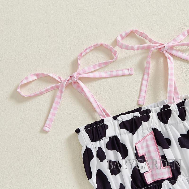 Bé Gái Sinh Nhật Áo liền quần Không Tay Dây Buộc Dây Thêu Chữ Bò In Hình Mùa Hè Playsuits Quà Tặng