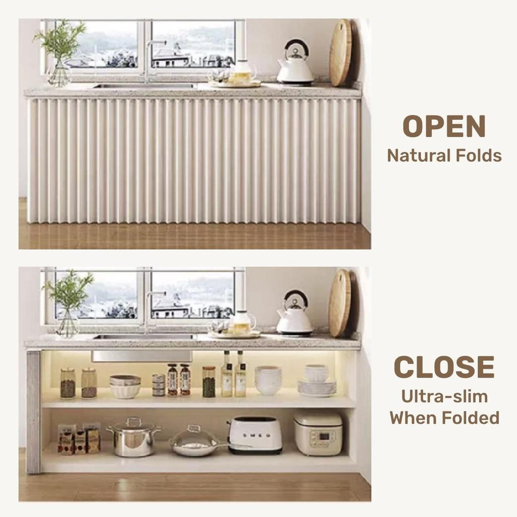 Rèm gấp tủ chống nước tùy chỉnh với bộ đường ray - Không khoan cho nhà bếp dưới bồn rửa để giấu ống & bảo quản - Màu trơn