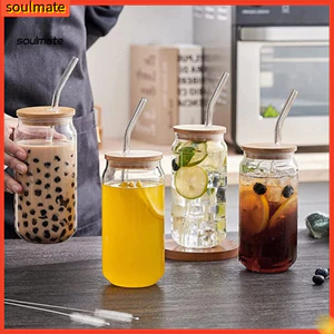 Linh hồn| Cốc uống có ga Ống hút Mason Jar Glass có nắp gỗ Hợp thời trang 500ml Thủy tinh Borosilicate Mason Jar Tumbler có nắp gỗ Ống hút – Hoàn hảo cho đồ uống Soda cho Southeas