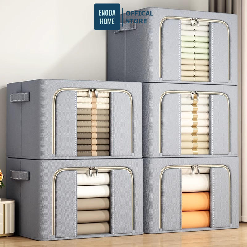 Hộp Vải Khung Thép Size Lớn Đựng Quần Áo ENODA HOME, Hộp Vải Bảo Quản Chăn Gối Bông Có Khóa Kéo Kín Bụi HV145