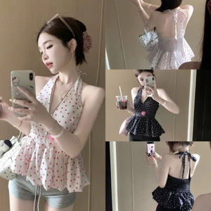 Áo cổ yếm nữ thiết kế chiết eo phối họa tiết chấm bi cá tính năng động XIMIMI SP430
