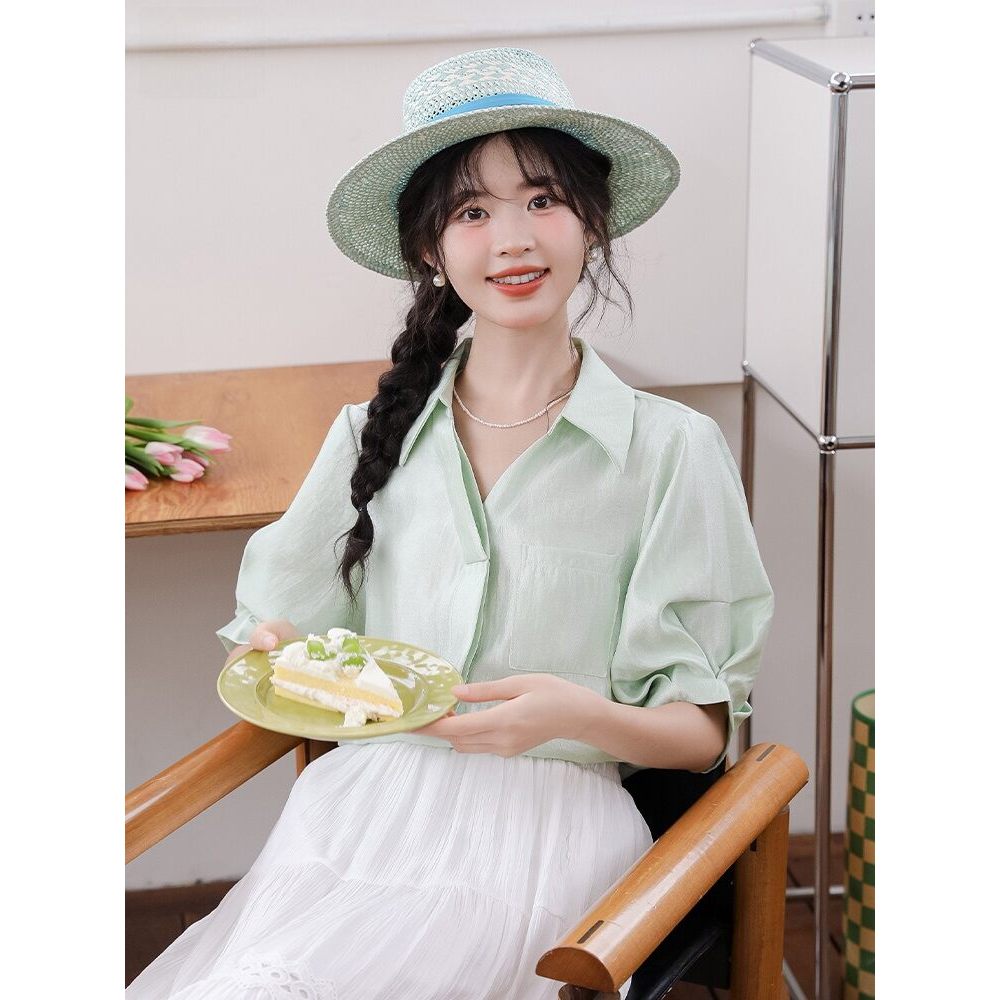 MUTU | Áo sơ mi ngắn tay nữ thiết kế hiện đại, phù hợp mùa hè với chi tiết nút độc đáo phiên bản Hàn Quốc