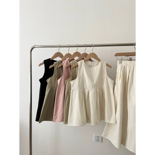 Set Váy Áo Babydoll Ba Lỗ Xếp Ly Kèm Chân Váy Kaki Dáng Dài Hàn Quốc, Set Đồ Bộ