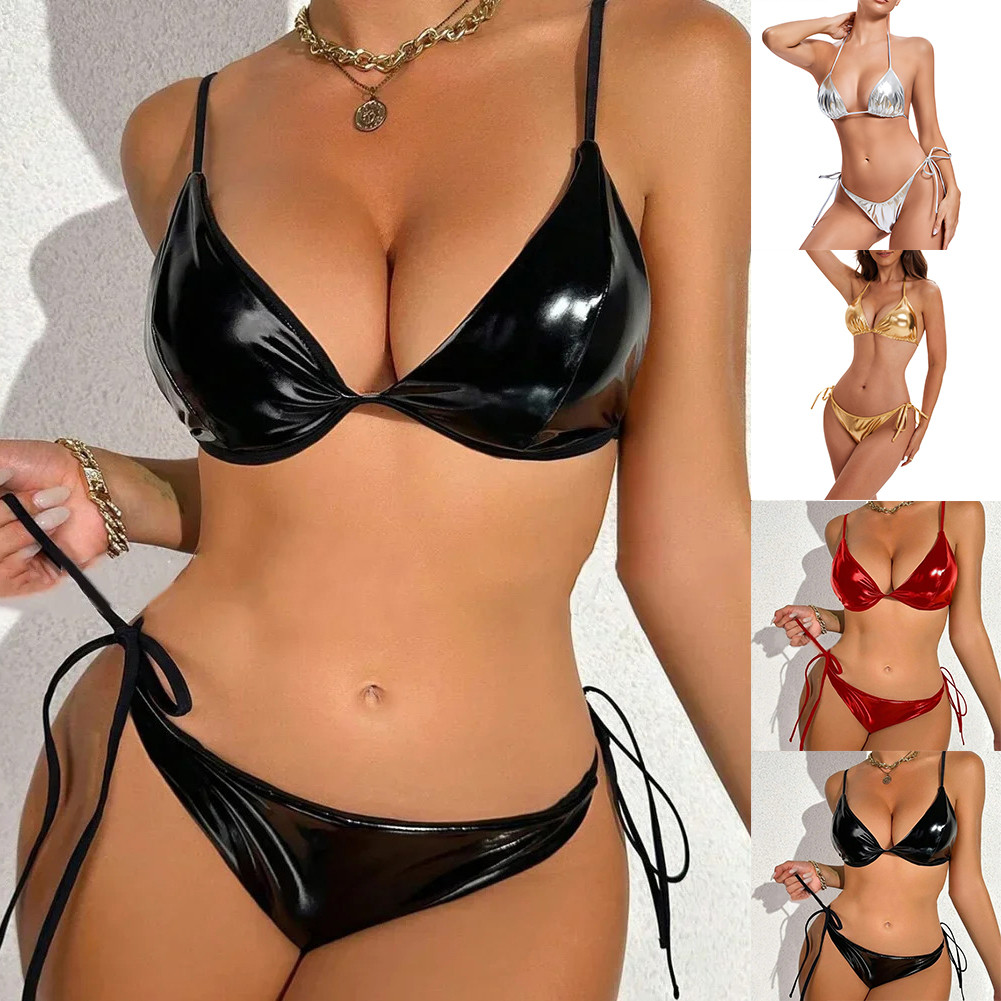 Đồ bơi bikini nữ Clubwear buộc dây da PU, thiết kế gợi cảm