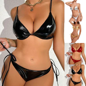 Đồ bơi bikini nữ Clubwear buộc dây da PU, thiết kế gợi cảm