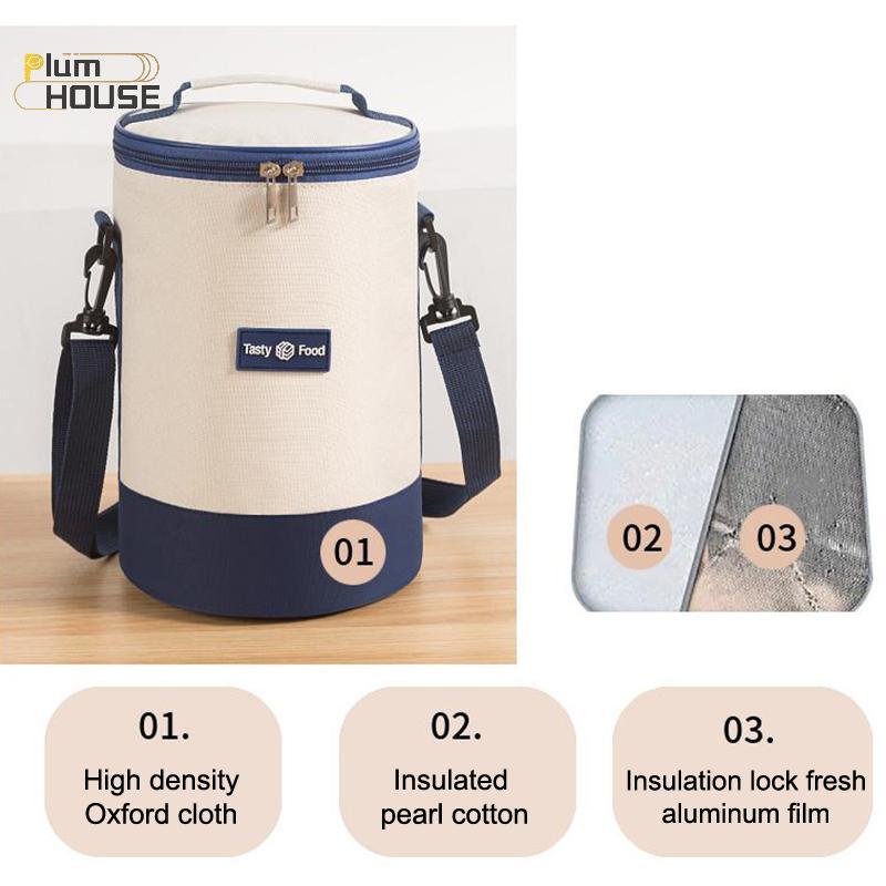 PlumHOUSE Túi Cơm Trưa Di Động Dung Tích Lớn Giữ Tươi Hình Trụ Cách Nhiệt Hộp Cơm Trưa Tote Tròn Lá Nhôm Thực Phẩm Túi Làm Mát Nhiệt VN