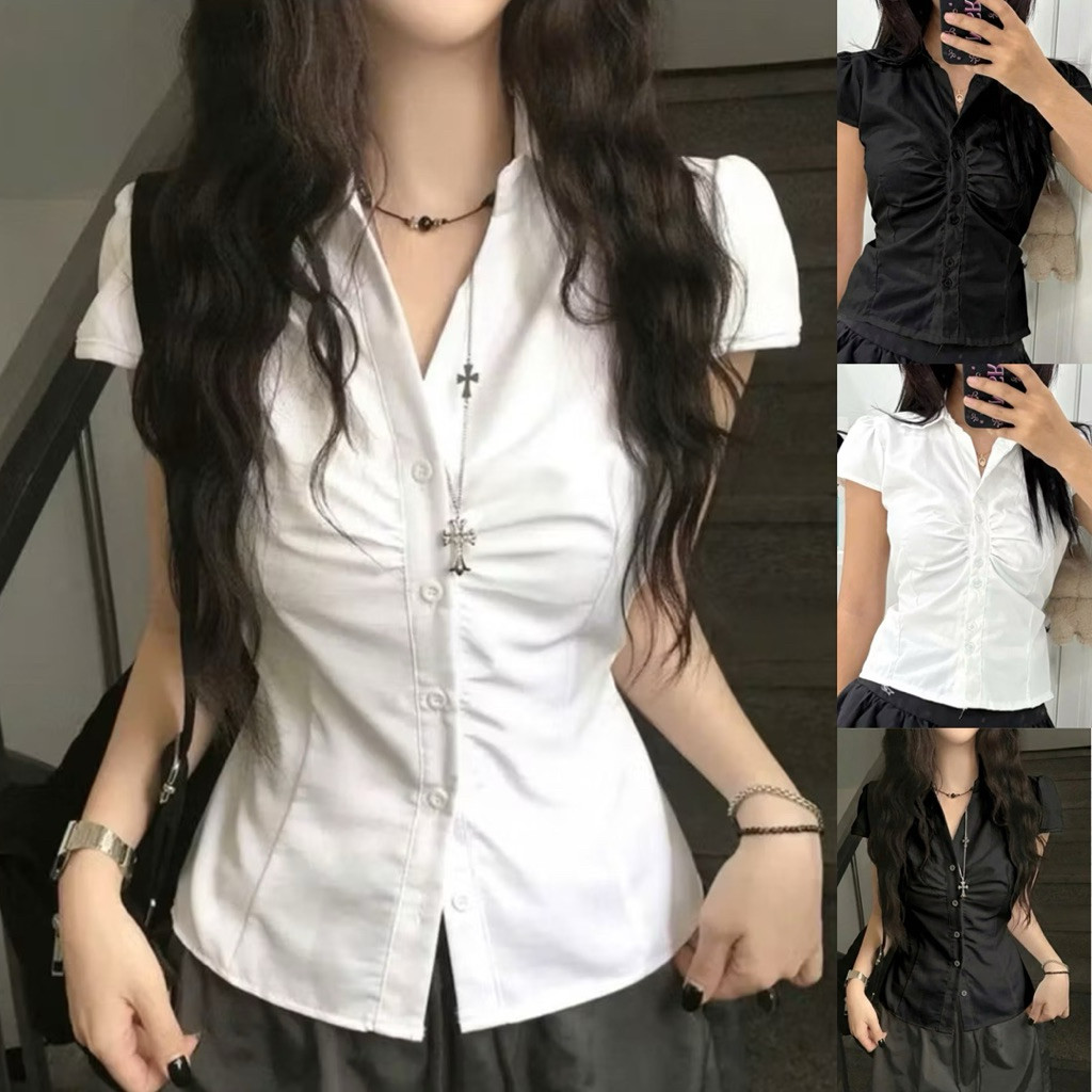 Sơ mi nữ quốc dân tay ngắn nhún bèo siêu sang trọng hợp gu chị em SMG88322