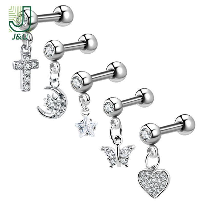 [J & U-T] Bông Tai Zircon Xoắn Tai Lobe Xuyên Conch Tragus Dangle Sụn Nhẫn Pierc