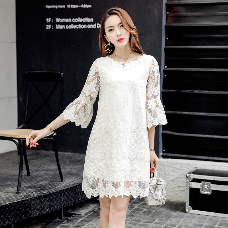 Đầm nữ phong cách Hàn Quốc dáng chữ A, size lớn, tôn dáng, kiểu dáng tiên nữ, đầm ren thêu dài vừa phải, hợp thời trang