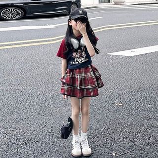 Bộ đồ bé gái áo thun + chân váy xếp ly caro - phong cách học viện dễ thương mùa hè