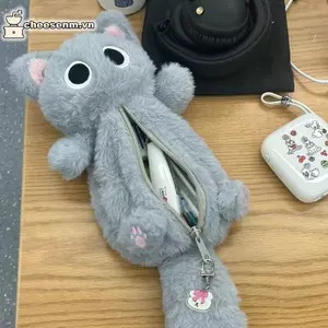 Cheenm Xám Sang Trọng Mèo Túi Bút Dễ Thương Để Bàn Hoạt Hình Văn Phòng Phẩm Túi Bảo Quản Túi Đựng Bút Chì Hộp Đựng Bút Chì VN