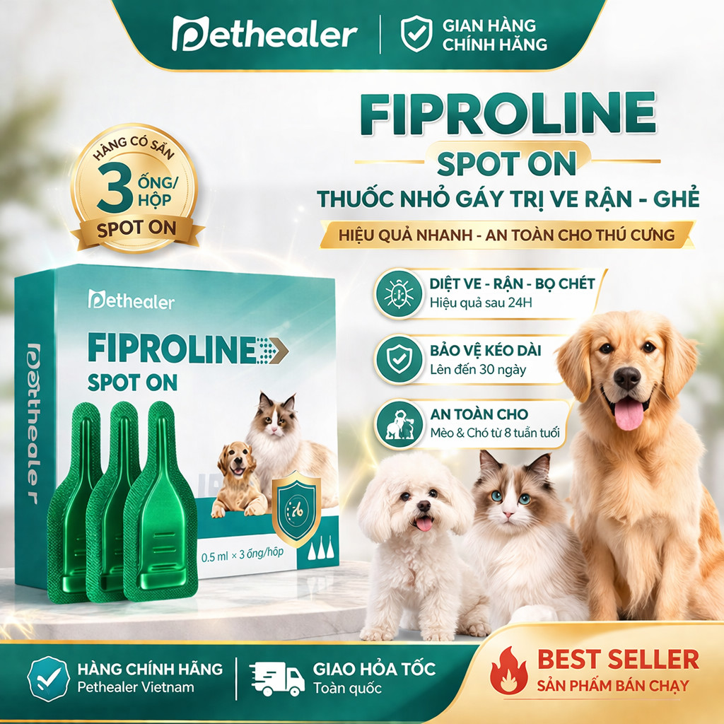 Pethealer Fiproline Spot On cho chó mèo 3 ống/hộp | Nhỏ gáy tiện lợi | Hàng có sẵn tại VN