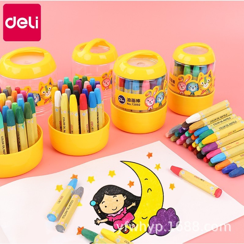 Deli Oil Pastel Crayon thùng 24/12/36 màu, bút sáp màu cho học sinh, trẻ em, có thể giặt