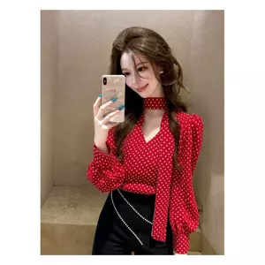 <![CDATA[Áo sơ mi nữ chấm bi màu đỏ kiểu Pháp - Thiết kế mùa đông]]>