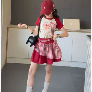 Set đồ cho bé gái áo thun tay ngắn - chân váy caro phong cách Hàn Quốc dễ thương