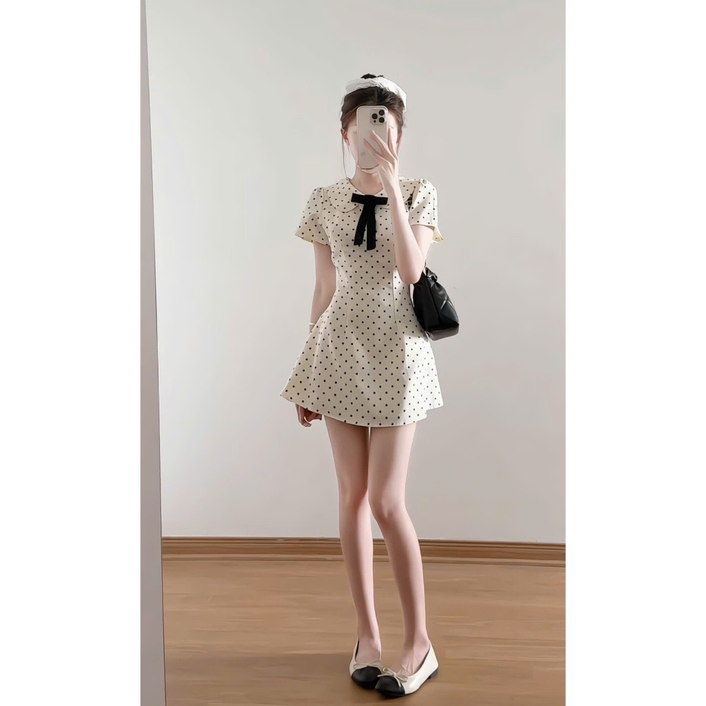 Váy ngắn tay cổ sen đính nơ họa tiết chấm bi chiết eo nhẹ nhàng dáng xòe dáng ngắn - VA002 TL.Online Shop
