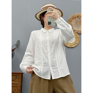 Áo sơ mi nữ cotton chất lượng cao, phong cách retro văn học với thiết kế cổ vuông, tay dài, nhẹ nhàng phù hợp mùa thu và mặc thường ngày
