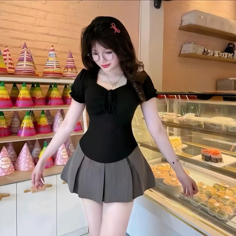 Áo Thun Nữ Tay Ngắn Chất Thun Tăm Mềm Mịn Co Giãn Dây Rút ESHOP Áo Kiểu Xinh Bigsize Cổ Tim MS549