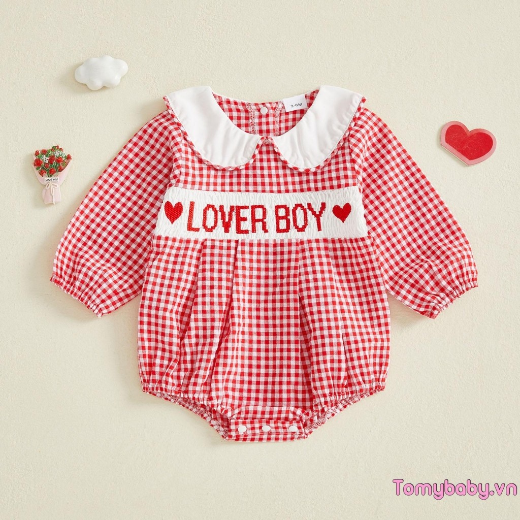Bé Gái Ngày Lễ Tình Nhân Áo Liền Quần Kẻ Sọc In Hình Búp Bê Dài Tay Cổ Bong Bóng Jumpsuit