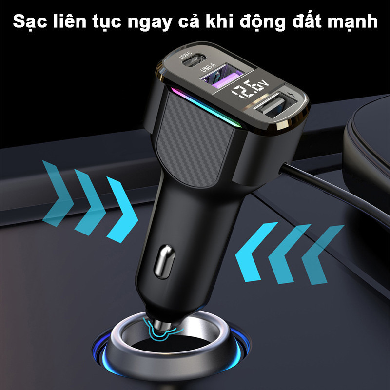 Tẩu Sạc Ô Tô 65W Cáp Lò Xo, Sạc Nhanh Đa Năng Có Đèn LED, Tương Thích Mọi Điện Thoại Máy Tính Bảng