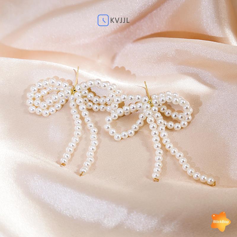 [KvJJL-t] Bông tai ngọc trai nơ sang trọng nhẹ mới Bông tai ngọc trai dài nơ thả lủng lẳng cho nữ Thời trang thanh lịch Quà tặng trang sức đám cưới mới