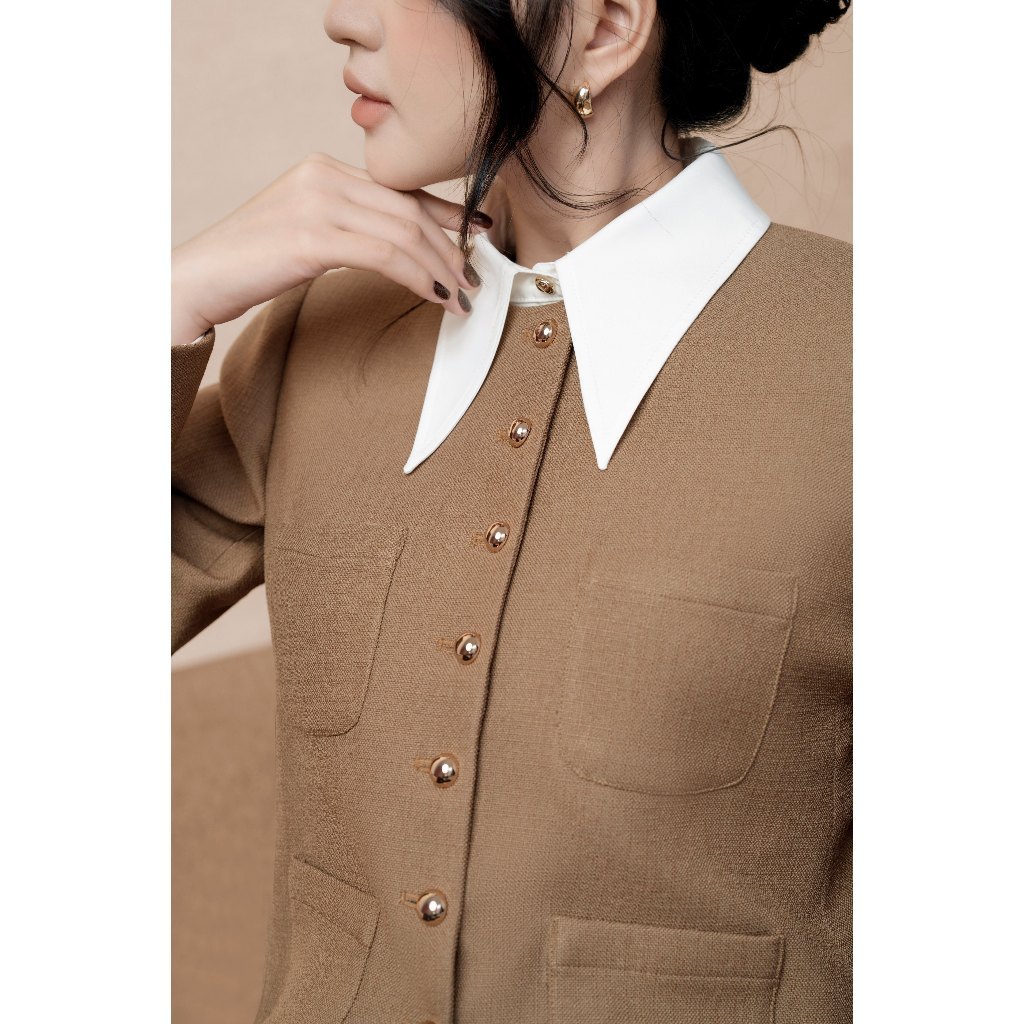 Áo khoác nữ ELLA DORA dạ Tweed form chuẩn 4 túi trước cúc đồng thanh lịch phong cách công [K15]