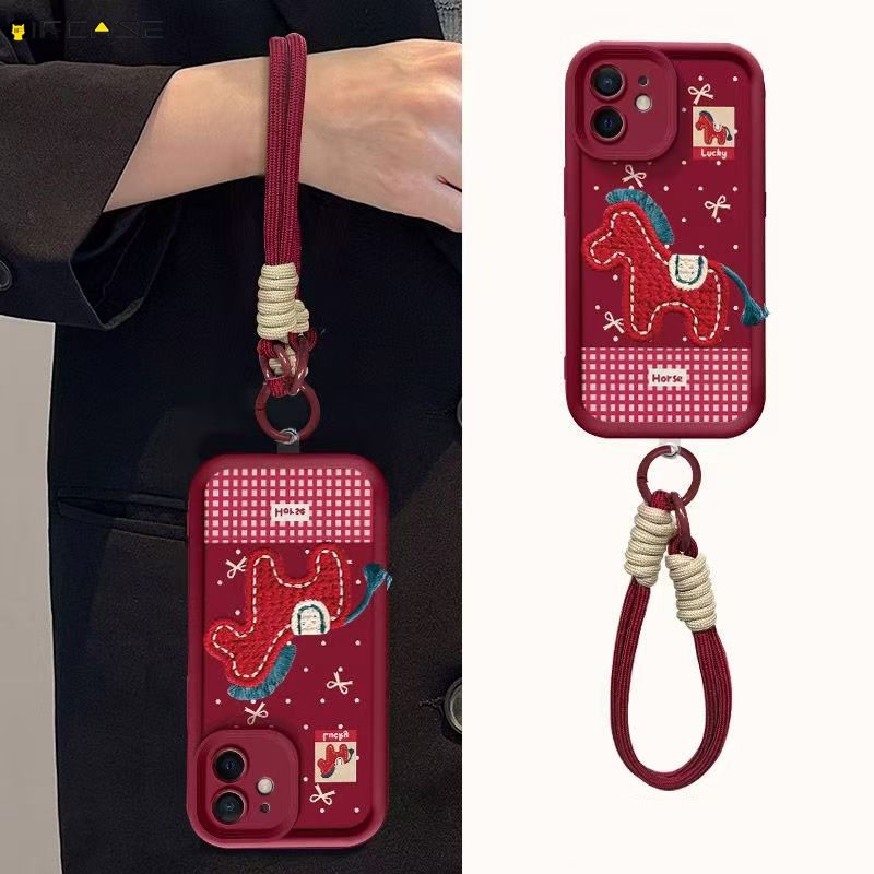 Dành Cho OPPO Reno 7 7Z 6 6Z 5 4 Pro Lite 5Z 5K 5F 4F 3 2 2Z 2F 5G 4G Vỏ Điện Thoại Có Dây Buộc Sang Trọng Thêu Ngựa Đỏ Năm Mới Hoạt Hình Dễ Thương Chống Rơi Vỏ