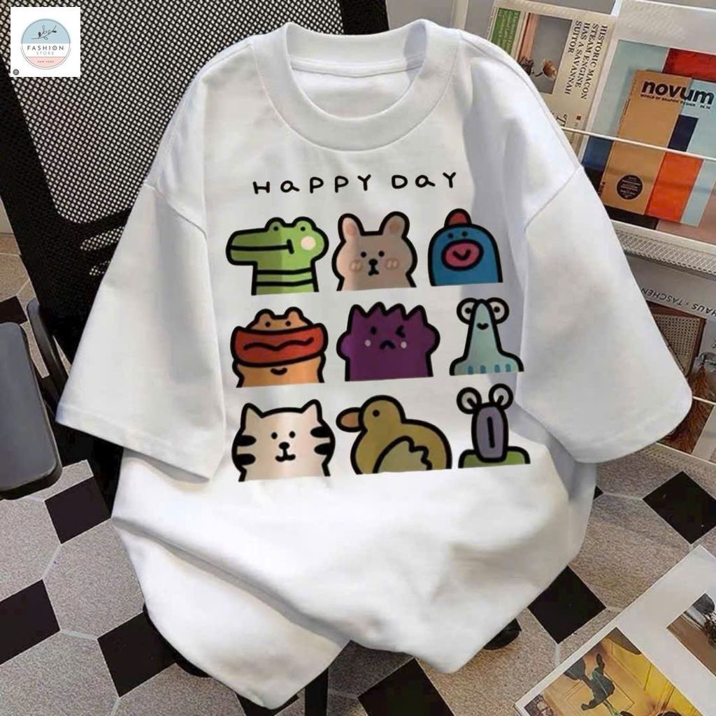 Áo phông unisex tay lỡ cotton su  free size 40-58KG-Chữ HAPPY DAY-quanao94