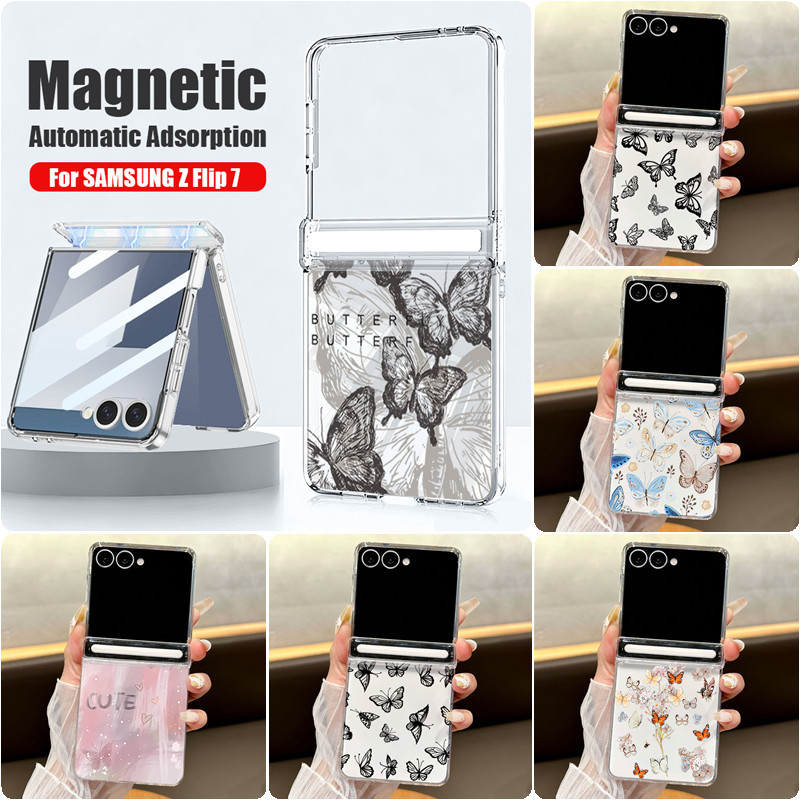 Ốp Điện Thoại Trong Suốt In Hình Bướm Cho Samsung Galaxy Z Flip 7 Flip 6 Flip 5 Flip 7 FE Từ Tính Hấp Phụ Cứng PC Gấp Bao