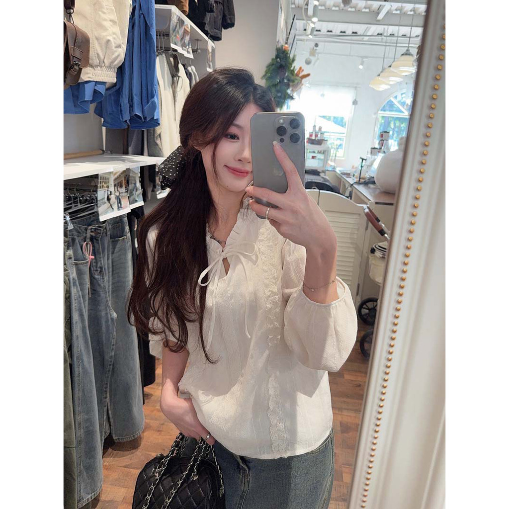 SUXI Áo sơ mi dài tay cổ ren giản dị nhẹ nhàng dành cho nữ 260123