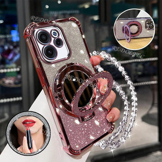 Ốp lưng OPPO Reno 15F 5G Vỏ lấp lánh Gradient mới có gương trang điểm Giá đỡ từ tính OPPO Reno15F Reno15 F Bảo vệ ống kính có giá đỡ dây buộc Vỏ điện thoại chống sốc