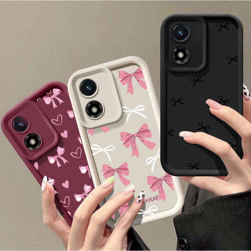Dành Cho Motorola MOTO Edge 70 50 60 Fusion G75 G15 G05 G85 G35 G54 E32 Ốp Lưng Màu Hồng Dễ Thương Nơ Đen Chống Va Đập Sang Trọng Chống Sốc Camera Bảo Vệ Nhiều Bước Họa Tiết TPU