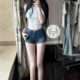 Quần shorts jean nữ đũi cao ống thẳng có đệm mông tôn dáng hông chất liệu co giãn xám xanh vintage