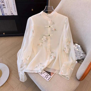 Áo sơ mi voan thêu hoa phong cách retro Trung Hoa, mỏng nhẹ dành cho mùa xuân - hạ, dáng dài tay phù hợp mix cùng váy hoặc top.