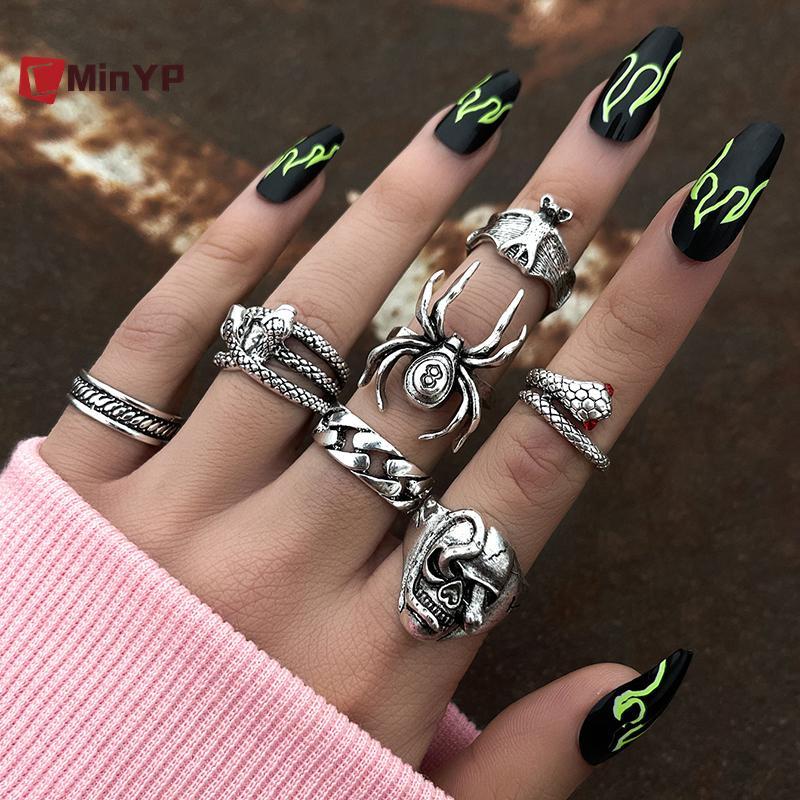 CyinYP Nhẫn Punk Rắn Gothic Nhện - Bộ 7 Chiếc, Phù Hợp Làm Quà Tặng Thời Trang