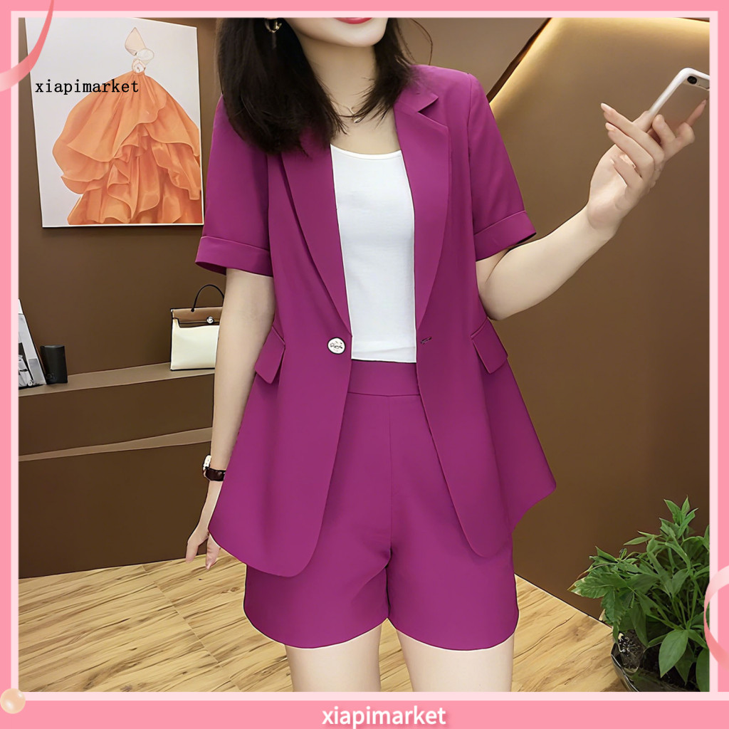 XIA | Bộ Blazers Công Sở Hai Mảnh Polyester Thoáng Khí, Thiết Kế Mở Mặt before Quần Short, Thời Trang Cho Phụ Nữ