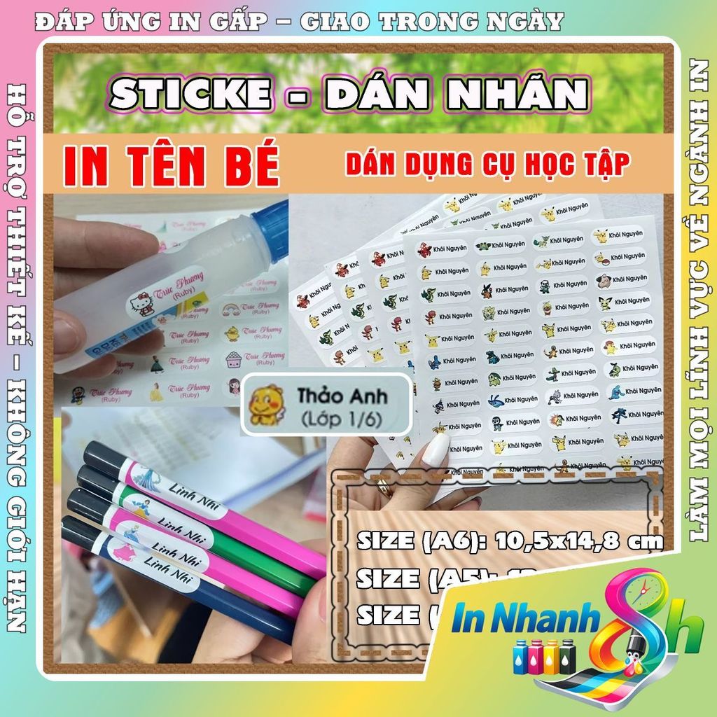Sticker in Tên Bé dán lên đồ dùng cá nhân học tập của bé yêu nhà bạn chất liệu UV DTF Decal nhựa chống nước