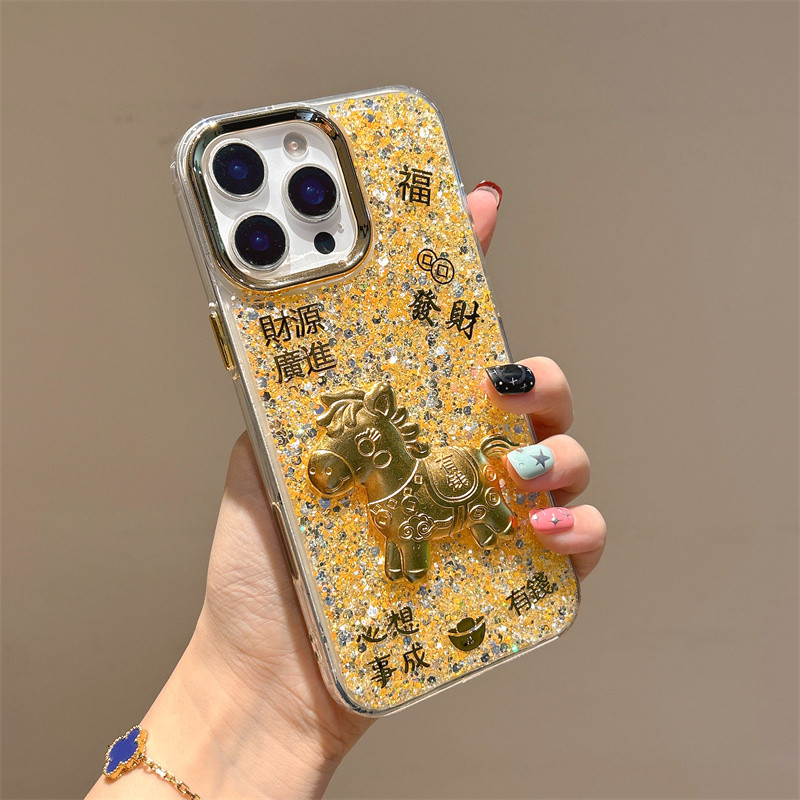 Ốp lưng iPhone hình ngựa 3D lấp lánh vàng phù hợp cho iPhone 17 Pro Max, iPhone 17 16 15 14 13 12 11