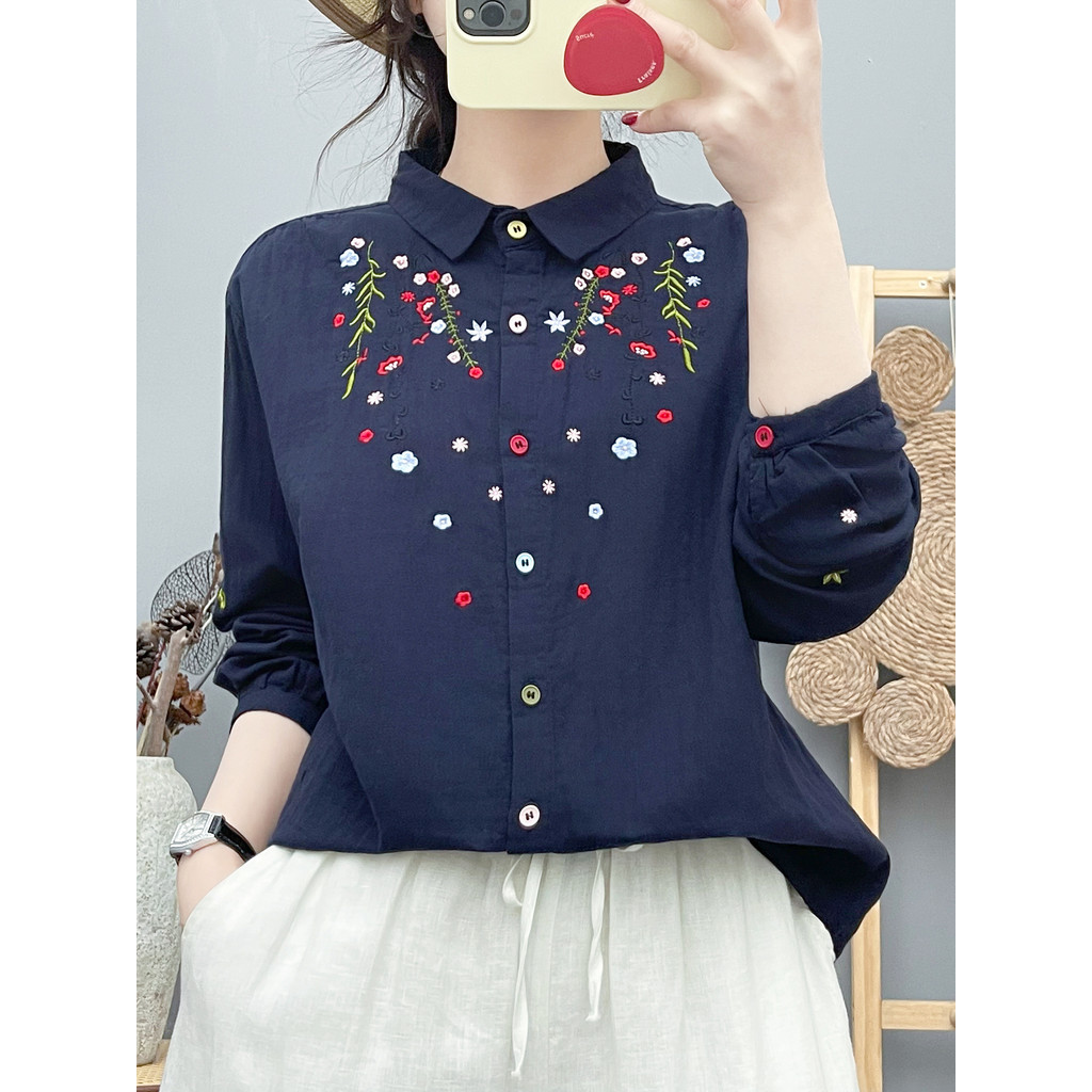 [Hàng có sẵn] Áo sơ mi nữ 100% cotton Mori Art, thiết kế thêu họa tiết hoa nhẹ nhàng, phù hợp làn da